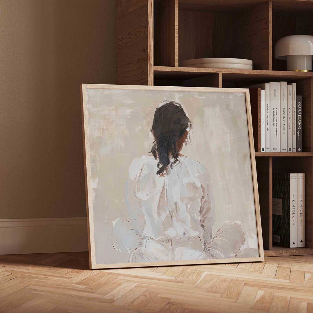 Vrouw in witte kleding – moderne wandkunst als vierkante poster