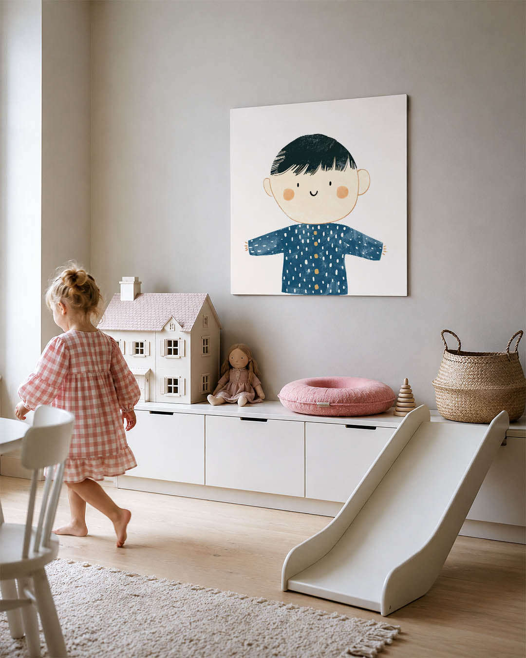 Vrolijk kindportret kunstwerk – tweede productweergave – dit kunstwerk toont een vrolijk kind met een blauwe trui vol witte