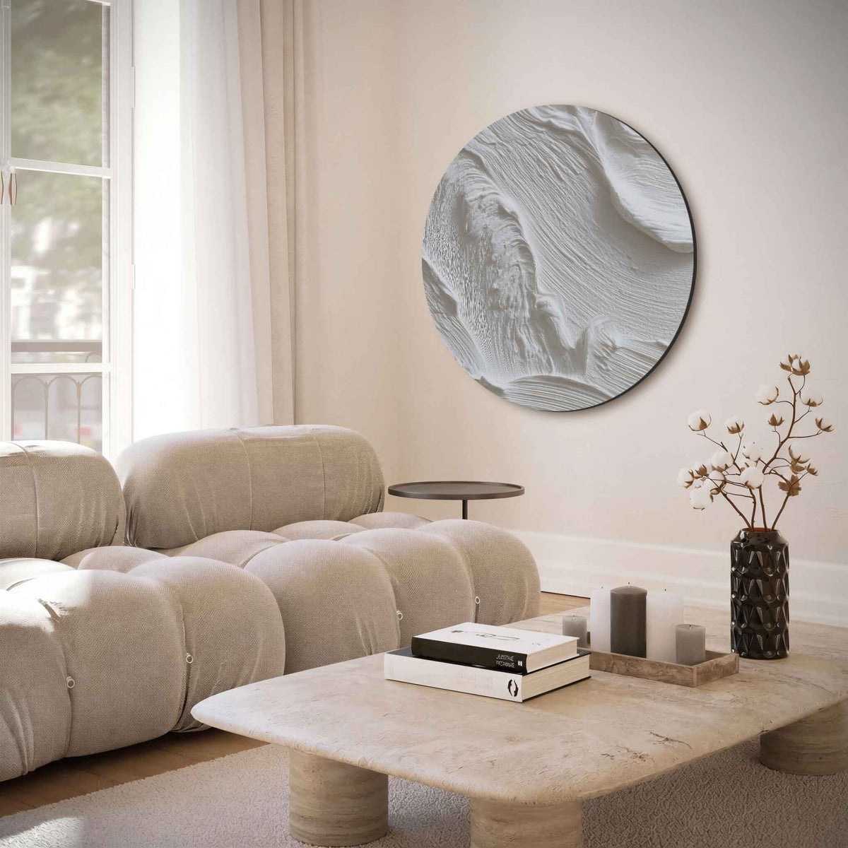 Textuur in wit – muurcirkel met abstracte texturen voor aan de muur