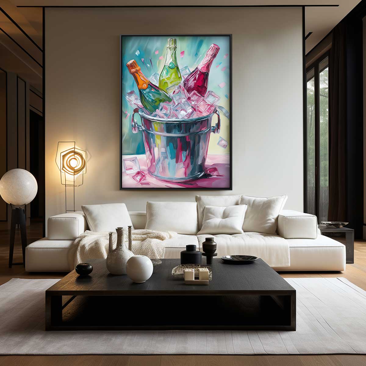 Drie Champagneflessen op IJs – kunstwerk met zwarte baklijst