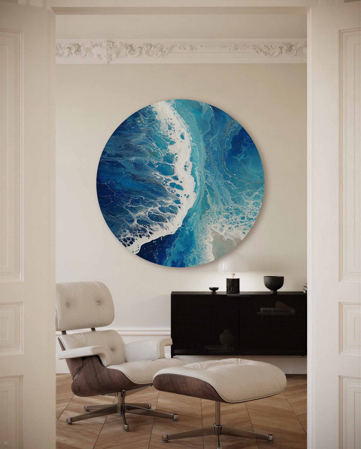 Blauwe golven – moderne abstracte muurcirkel voor aan de muur