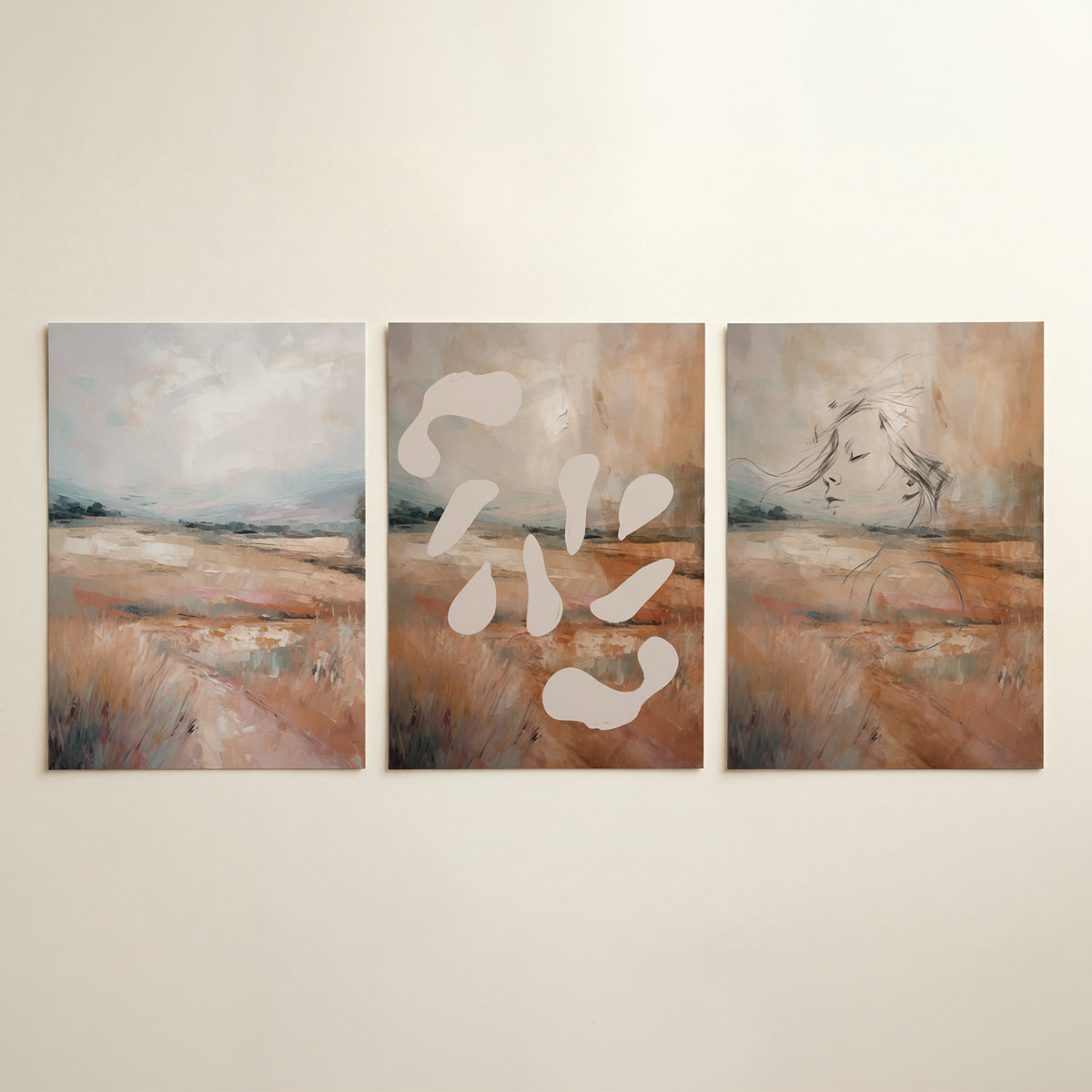 Zachte landschapstonen – driedelige posterset in tweede interieur