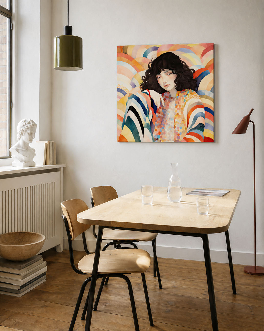 Vrouwelijk portret met patronen kunstwerk – vierkante wanddecoratie – dit werk toont een vrouw met donkere krullen, omgeven