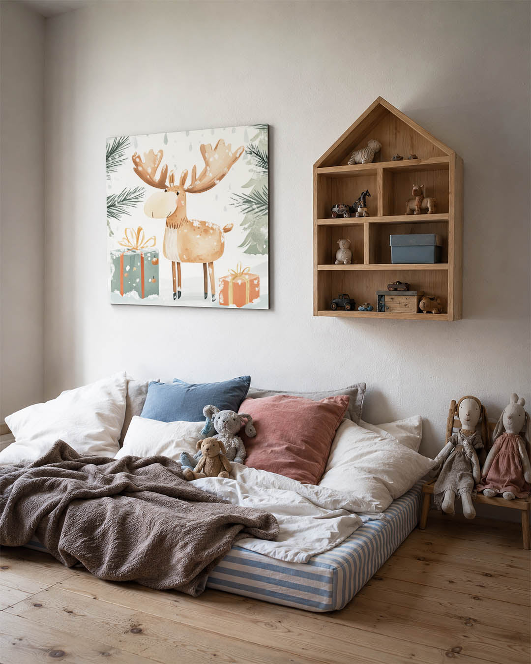Illustratie kunstwerk – derde productweergave – een eland staat tussen cadeaus in een winterlandschap, omringd door