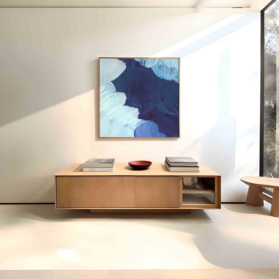 Blauwe penseelstreken – vierkante schilderkunst wanddecoratie van WallArtistic