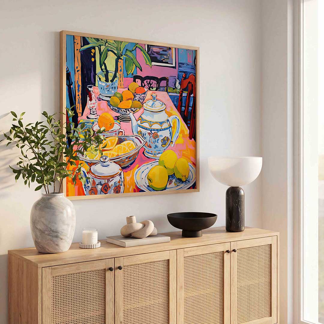Fruit en servies op tafel – illustratie poster in vierkant formaat