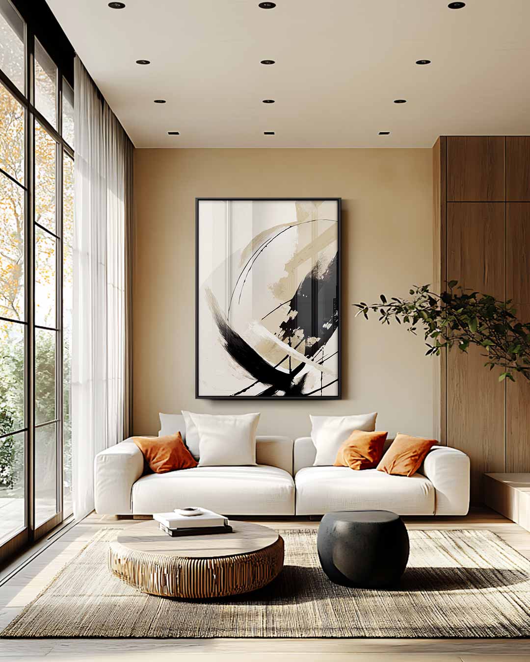 Dynamische Bewegingen in Beigetinten – staande wandkunst voor woonkamer of interieur