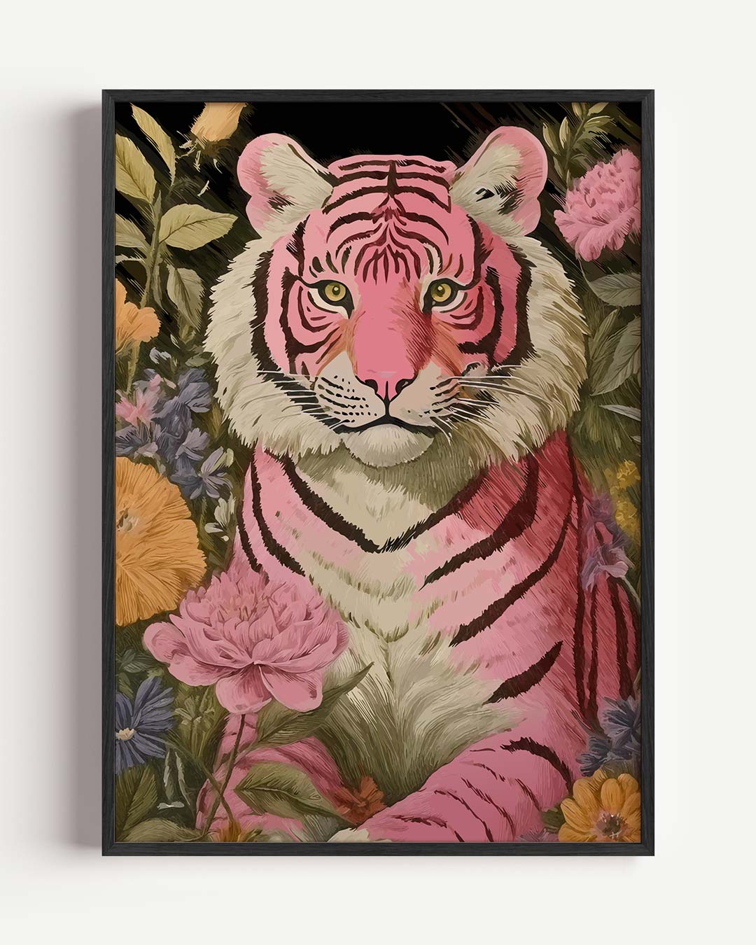 Roze Tijger met Bloemen – dieren portret poster als wanddecoratie