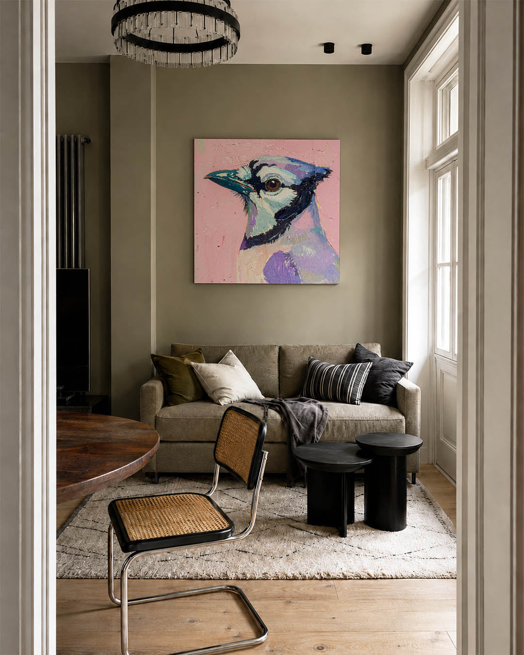Vogelsilhouet in pastel kunstwerk – tweede productweergave – dit werk toont een vogel met gedetailleerde penseelstreken in