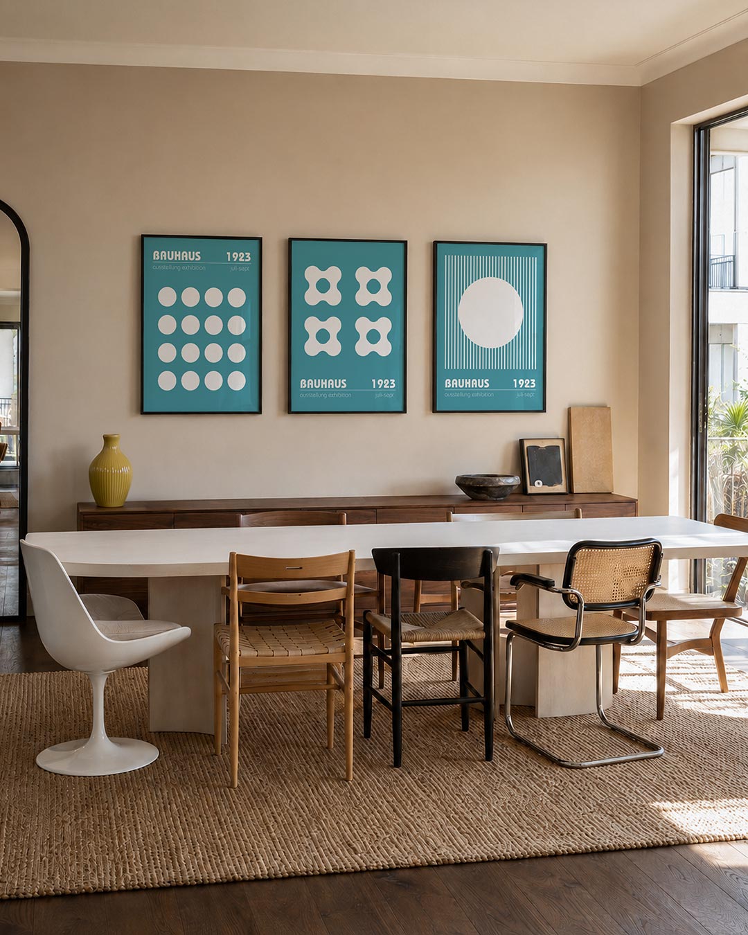 Cirkelpatroon blauw driedelige posterset – deze poster toont een strak patroon van witte cirkels op een blauwe achtergrond.