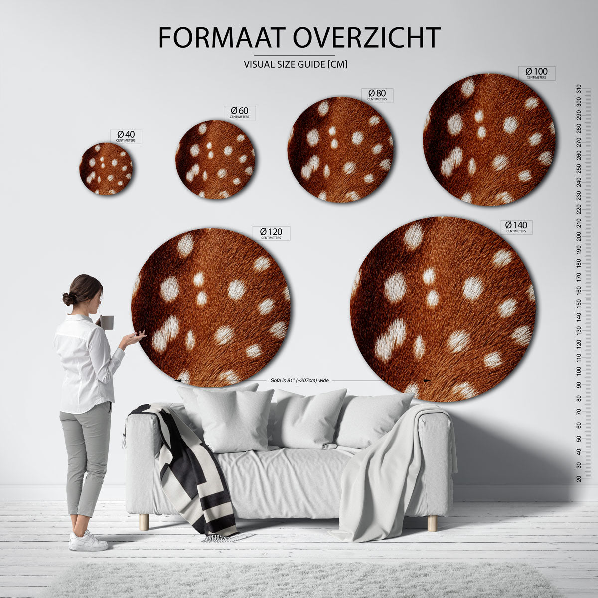 Bruine vacht met witte stippen – safari wandkunst als moderne muurcirkel