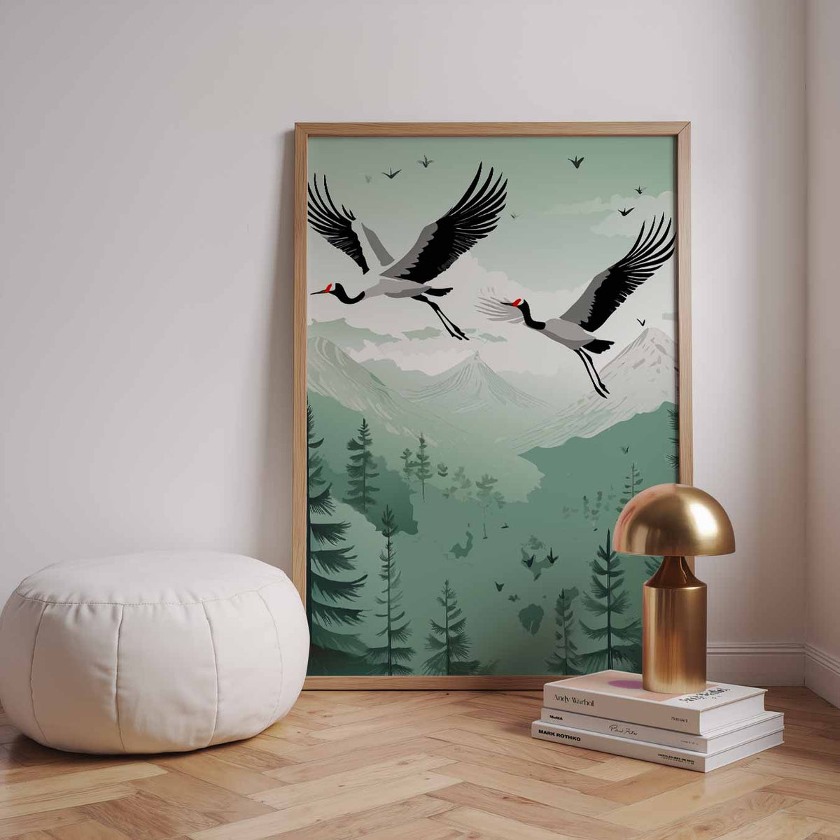 Zwevende Kraanvogels in Berglandschap – dieren poster in staand formaat