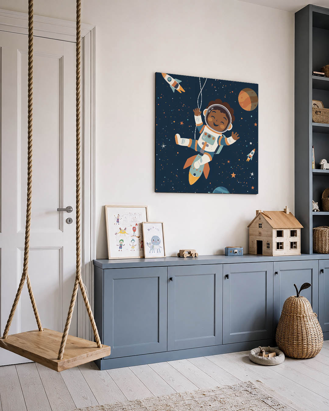 Vrolijke ruimte avontuur kunstwerk – vierkante wanddecoratie – een speels werk met een lachende astronaut zwevend tussen