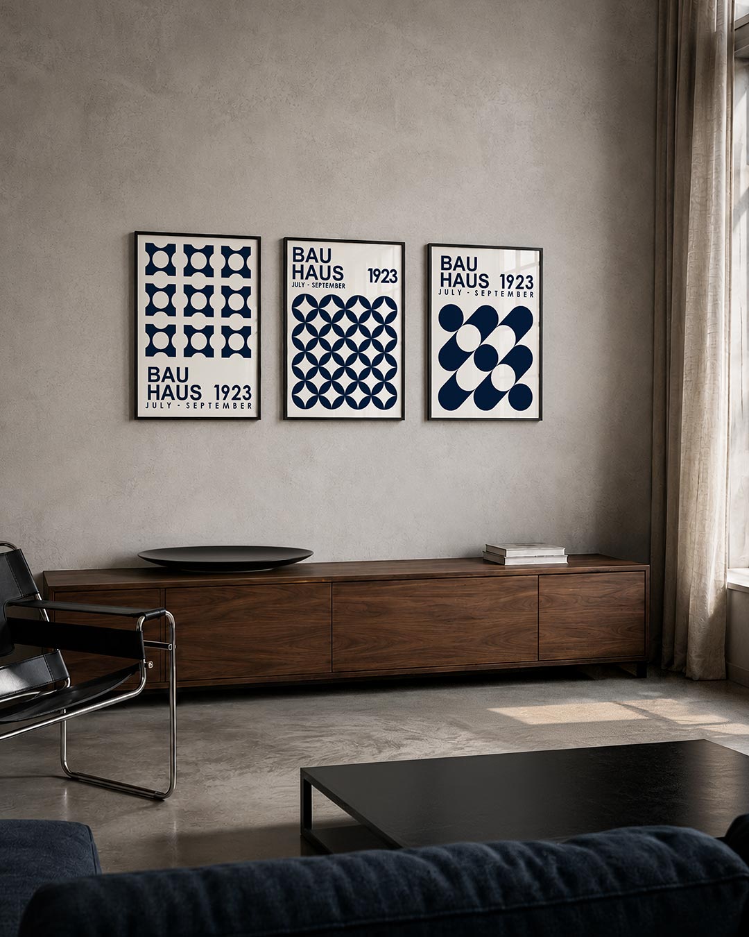 Cirkelpatroon en tekst posterset – tweede productweergave – deze posterset toont een ritmisch patroon van donkerblauwe