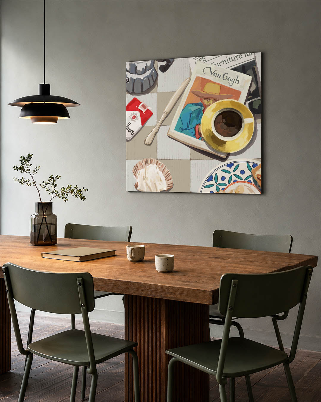 Kleurrijk ontbijt tafereel kunstwerk – tweede productweergave – dit werk toont een tafel met diverse objecten zoals een kop