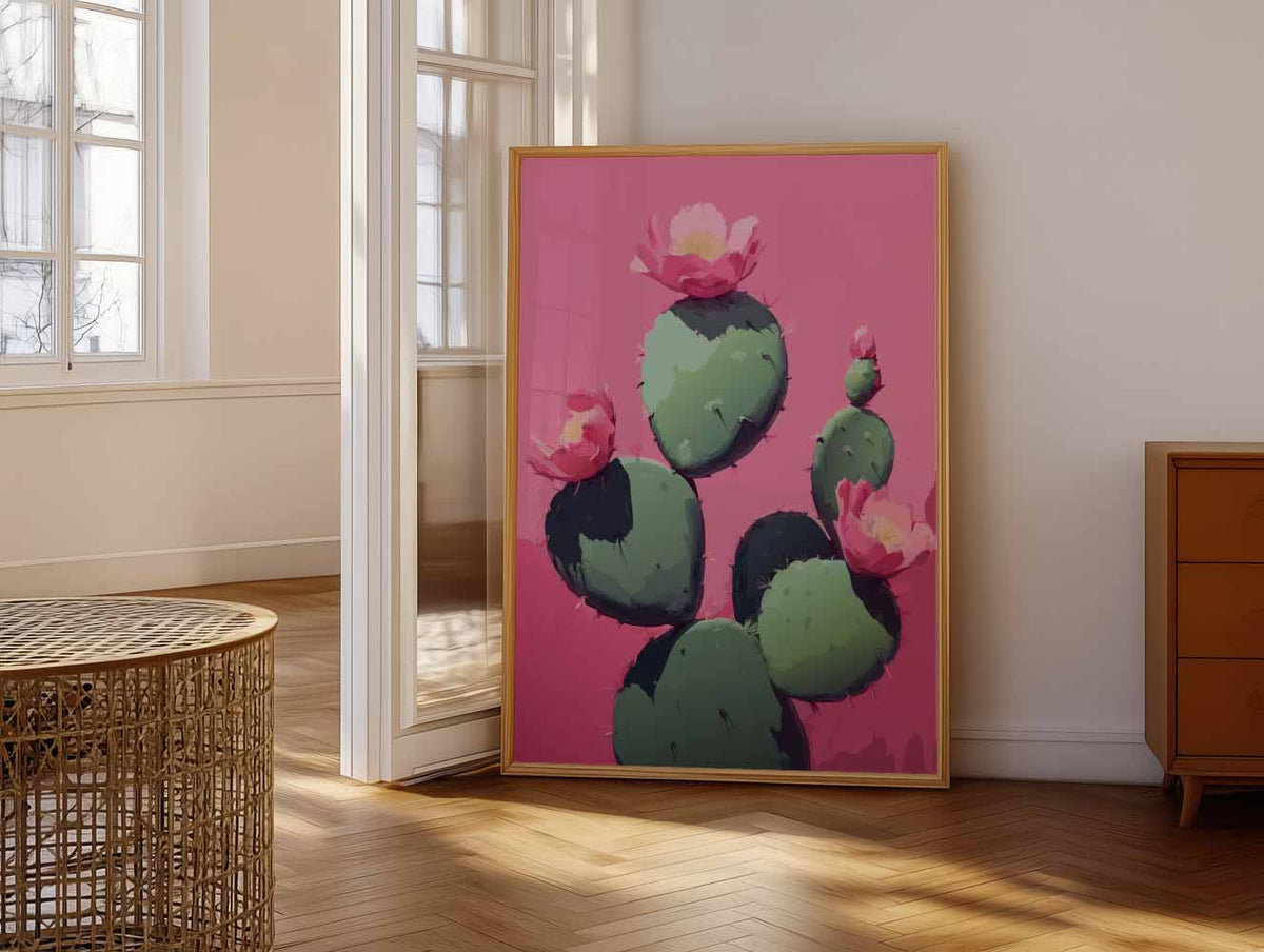 Bloeiende Cactus op Roze Achtergrond – vrolijke paasillustratie als portret poster