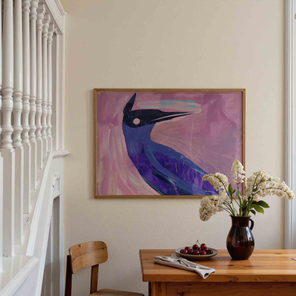 Vogel in paarse tinten – dieren poster in liggend formaat