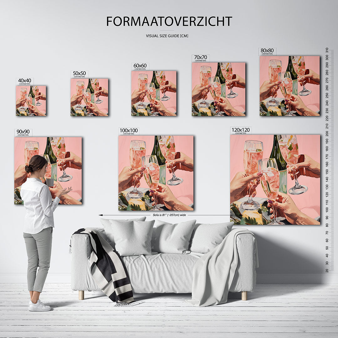 Vrolijke toast kunstwerk – sfeerbeeld – dit kunstwerk toont drie handen die glazen met een roze drankje vasthouden. De