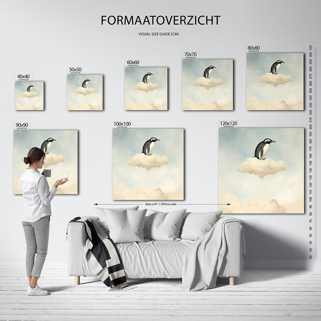 Dromerige pinguïn kunstwerk – sfeerbeeld – een pinguïn zit op een zachte wolk tegen een lichte lucht. De compositie is sereen