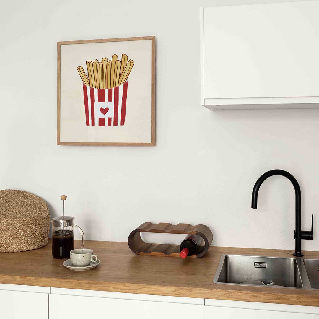 Frietjes in rode verpakking – kleurrijke Pop Art poster in vierkant formaat