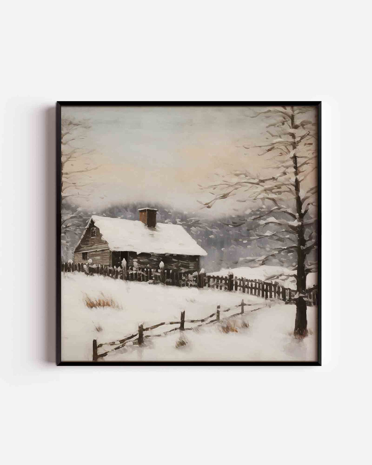 Winterlandschap met huis – vintage vierkante poster als wanddecoratie