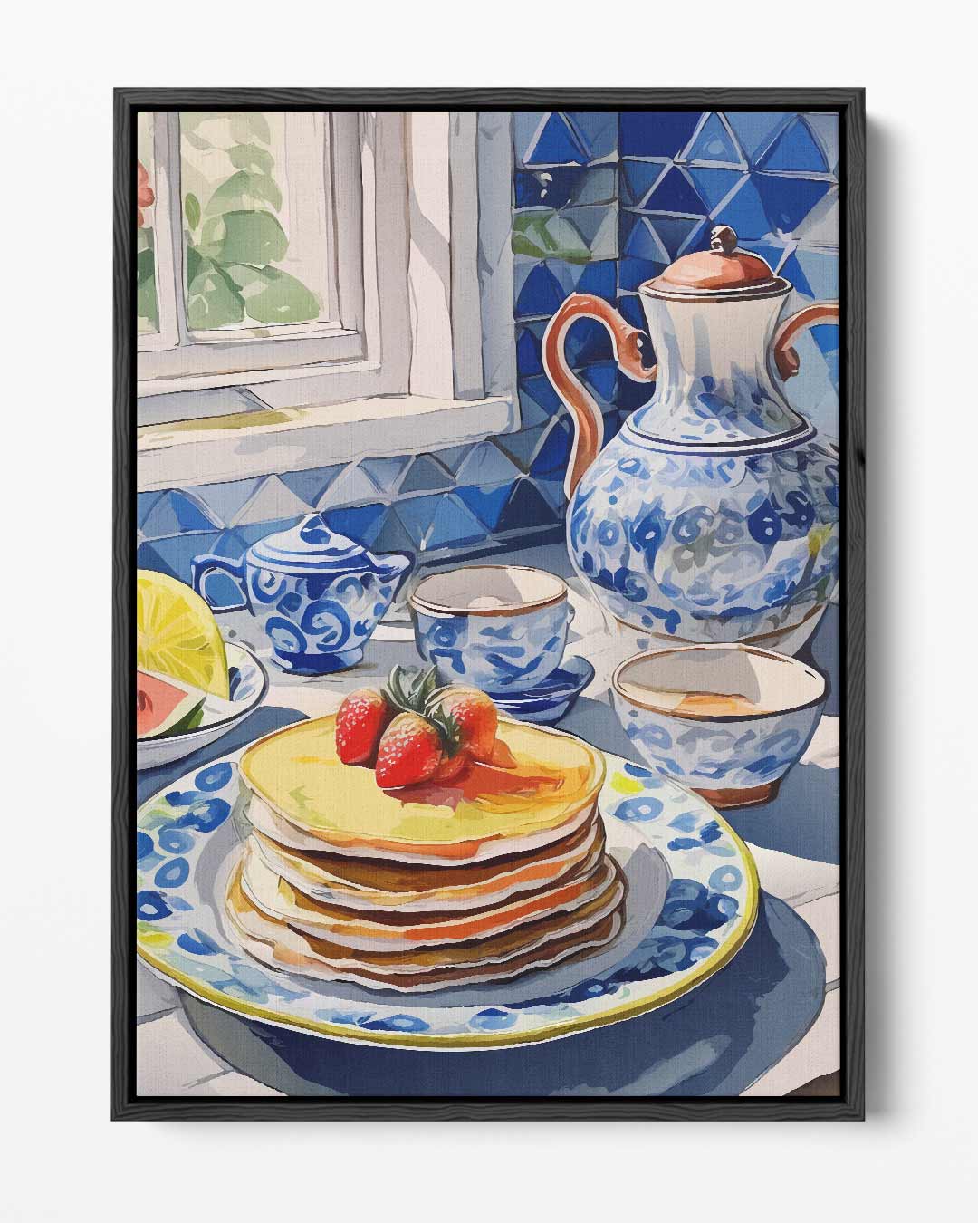 Ontbijt in Blauwe Sereniteit – portret kunstwerk als wanddecoratie