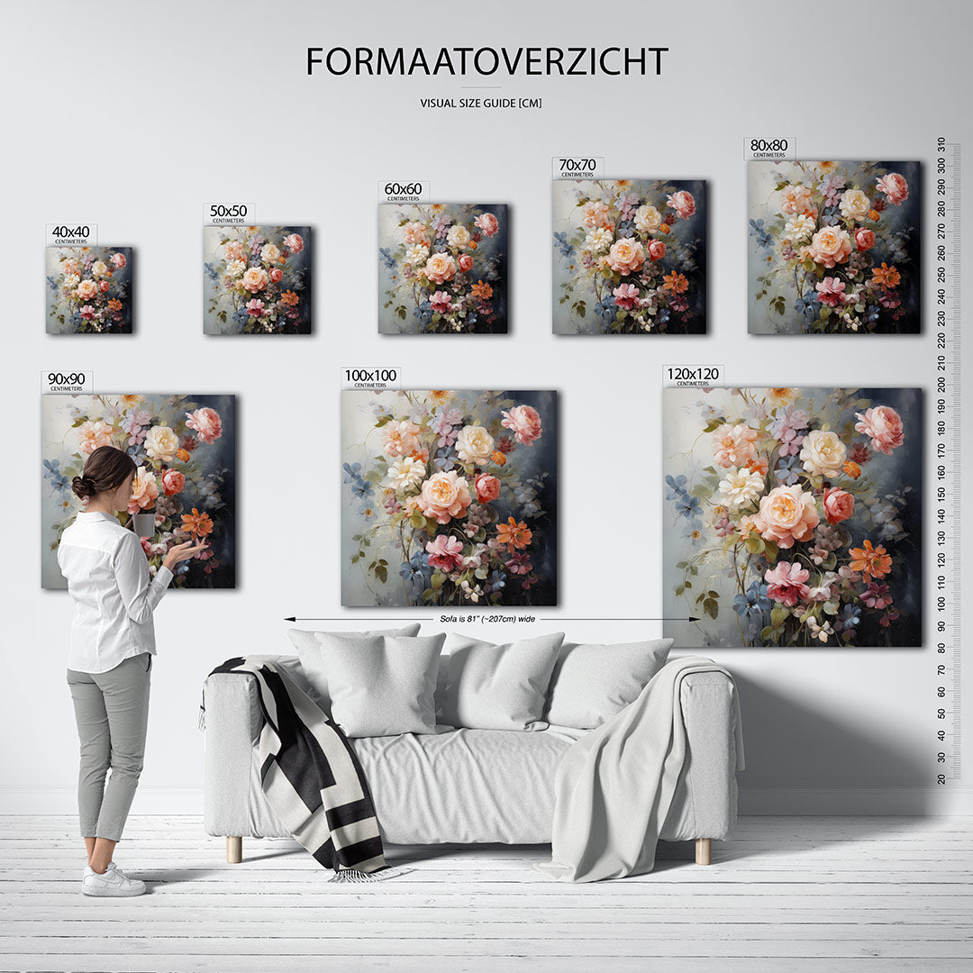 Bloemenpracht kunstwerk – sfeerbeeld – dit kunstwerk toont een weelderige verzameling bloemen in zachte tinten, met een