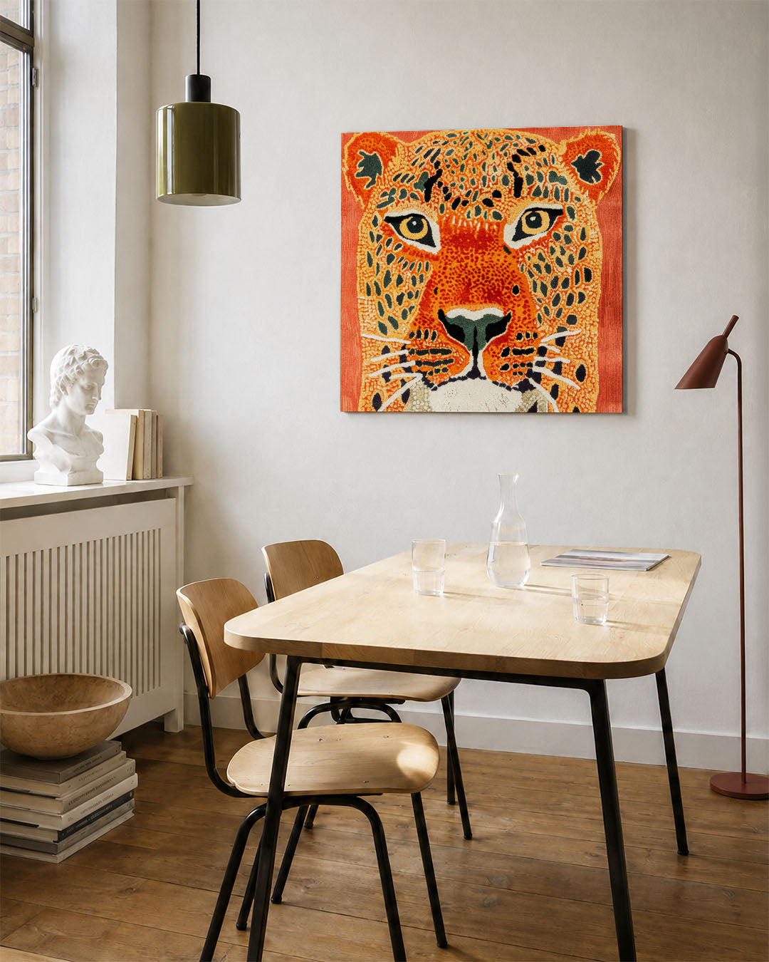 Levendige dierenkop kunstwerk – vierkante wanddecoratie – dit werk toont een gedetailleerde dierenkop met levendige patronen