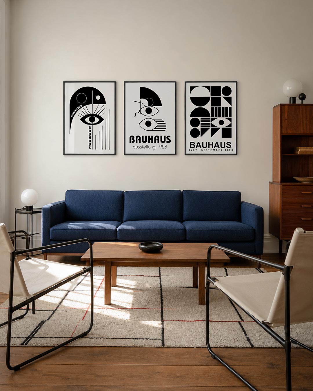 Oog en lijnen driedelige posterset – een zwart-wit compositie met een centraal oog, omgeven door strakke lijnen en cirkels.