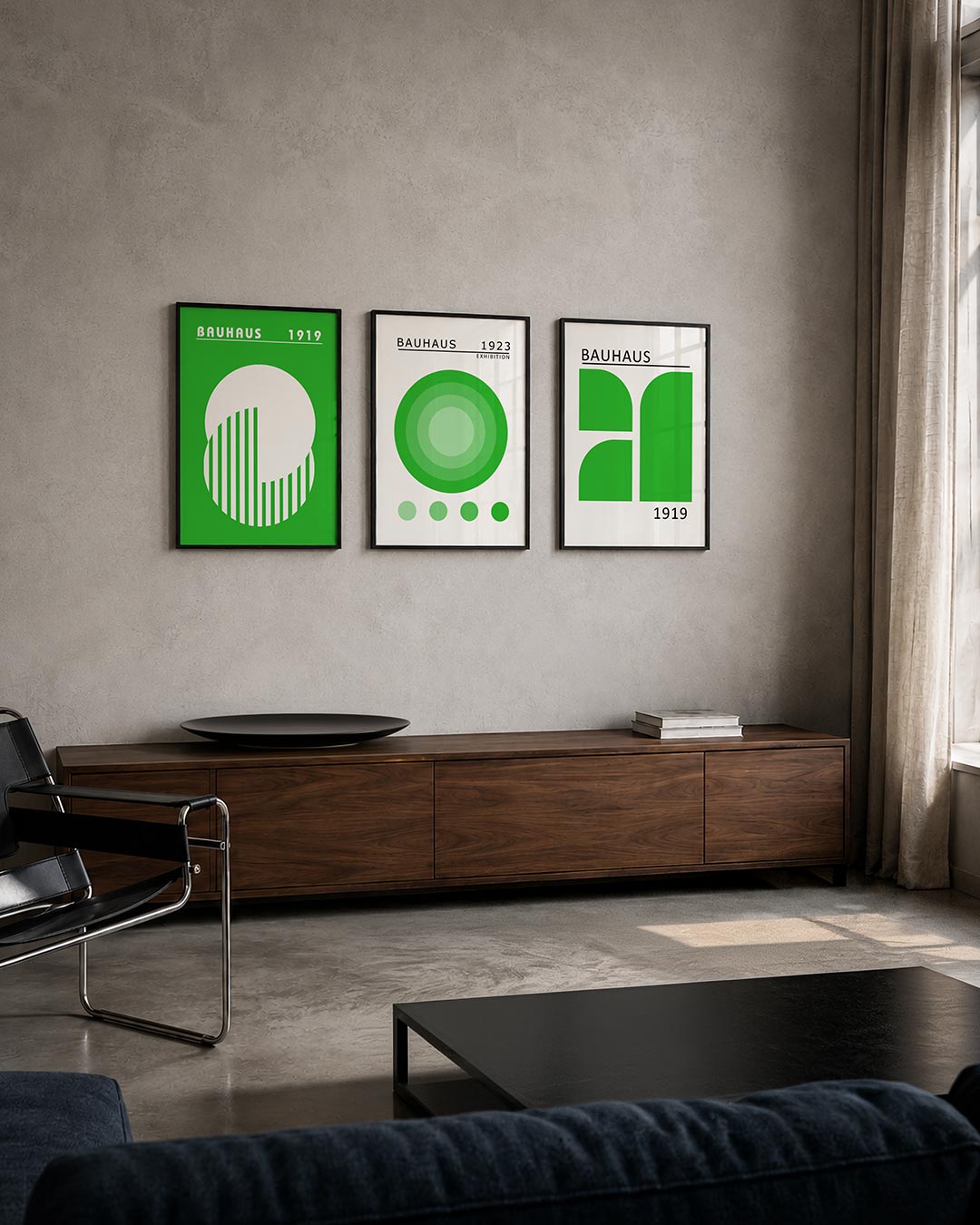 Cirkel en strepen driedelige posterset – een groene achtergrond met een witte cirkel. Binnen de cirkel zijn verticale groene