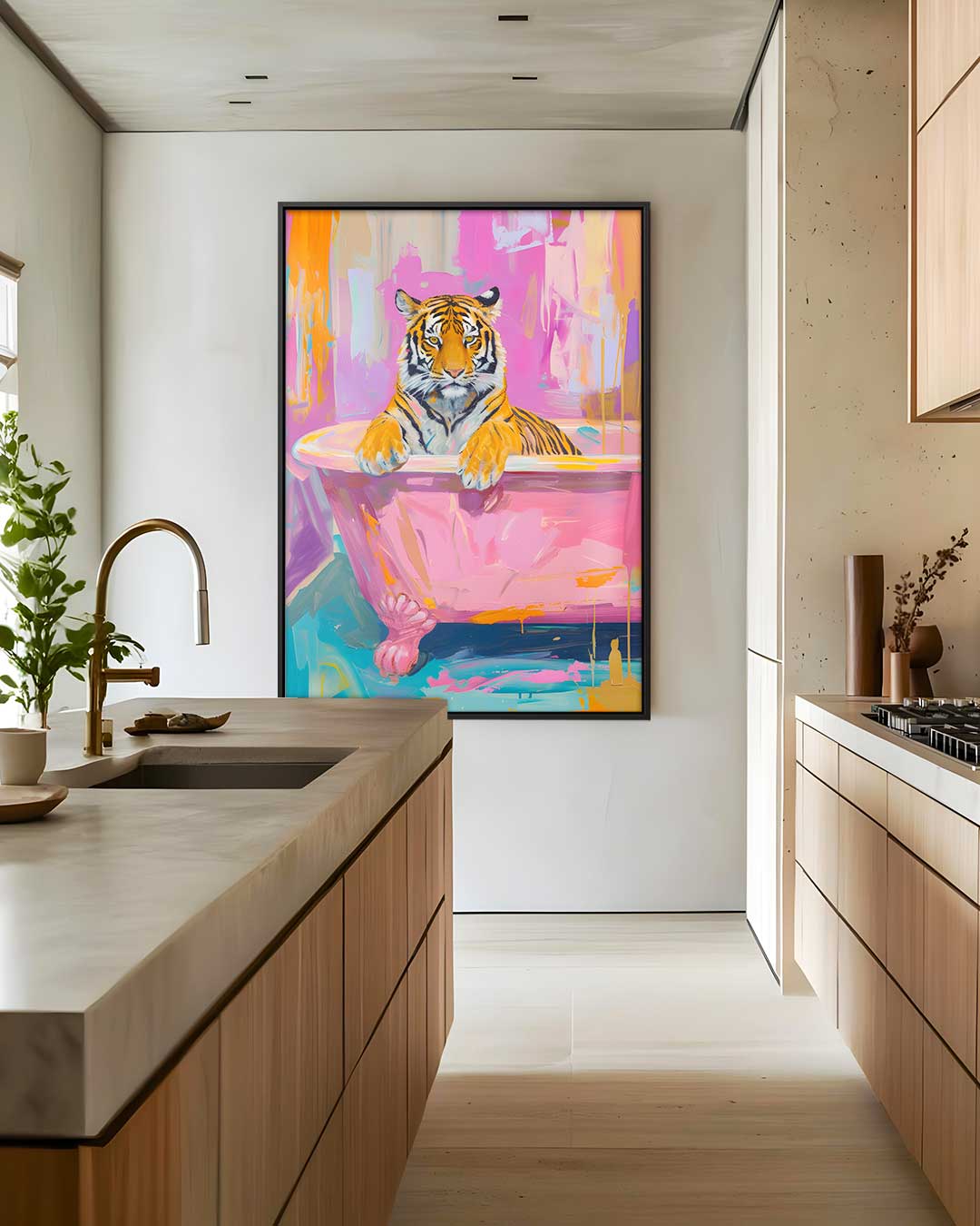 Tijger in de Roze Badkuip – modern portret kunstwerk van WallArtistic