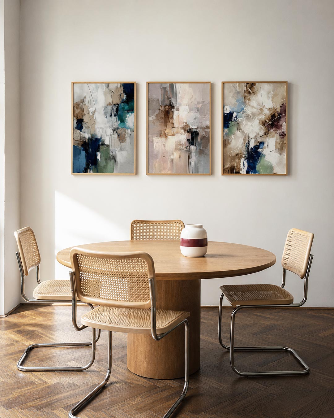 Vorm en kleurenspel driedelige posterset in interieur