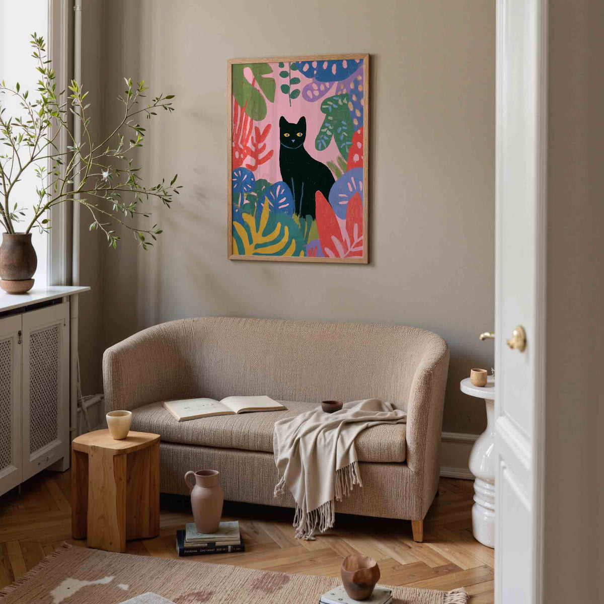 Zwarte kat en bladeren – botanische poster in staand formaat