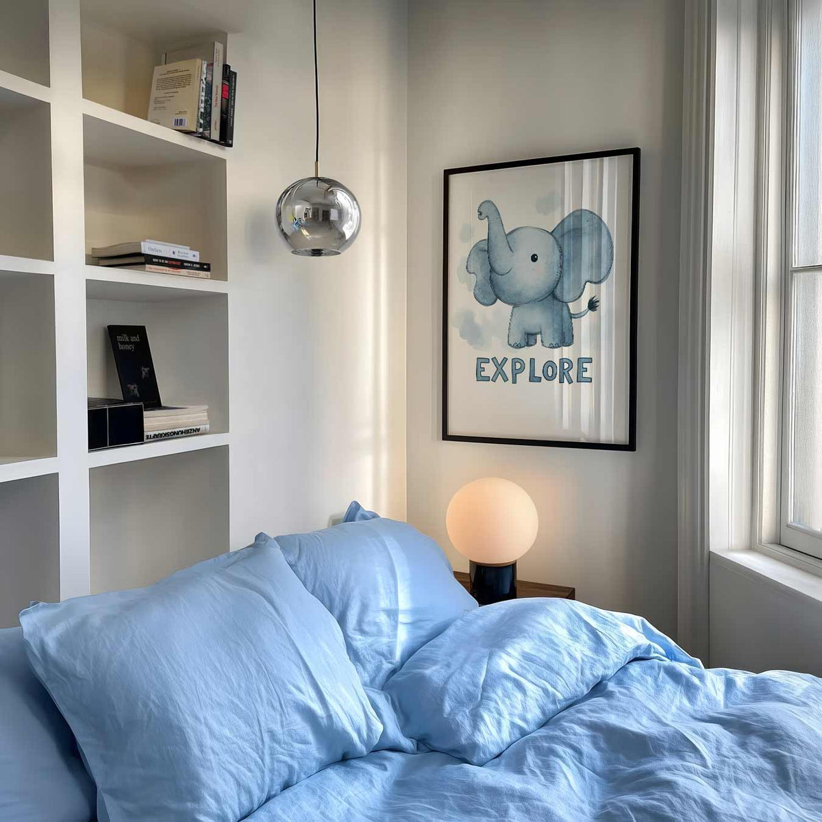 Droomolifant Explore – staande muurposter voor de kinderkamer