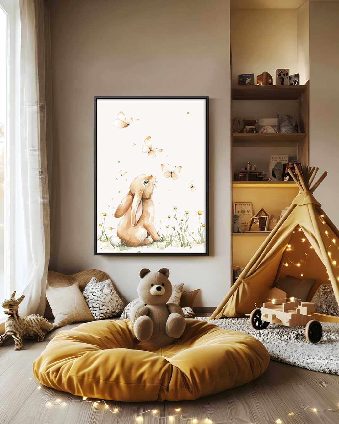 Dromerig Konijntje en Vlinders – staand kunstwerk voor modern interieur
