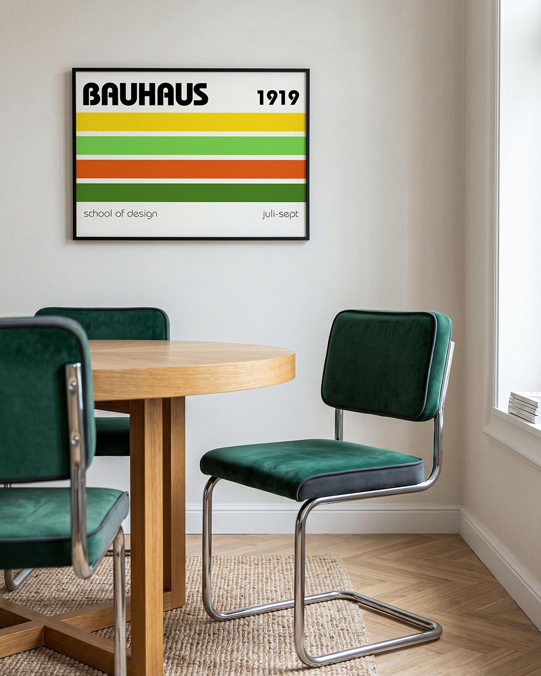 Kleurstroken en tekst – liggende Bauhaus poster voor aan de muur