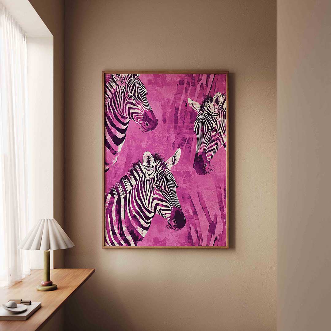 Zebra's op roze – staande dieren wanddecoratie van WallArtistic