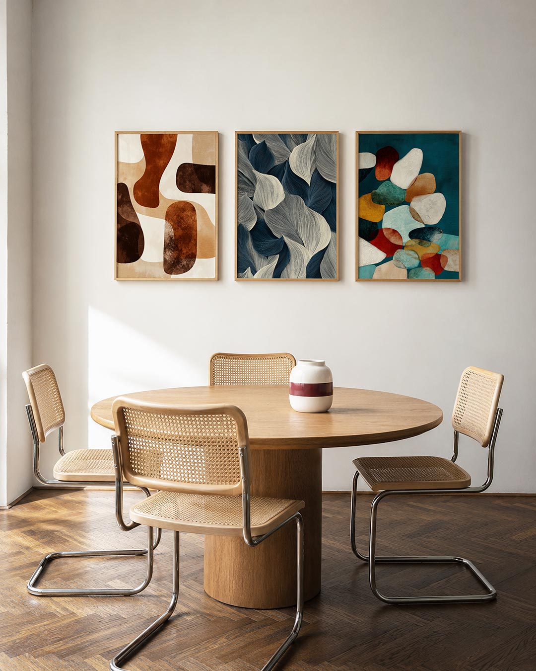 Organische vormen driedelige posterset in interieur