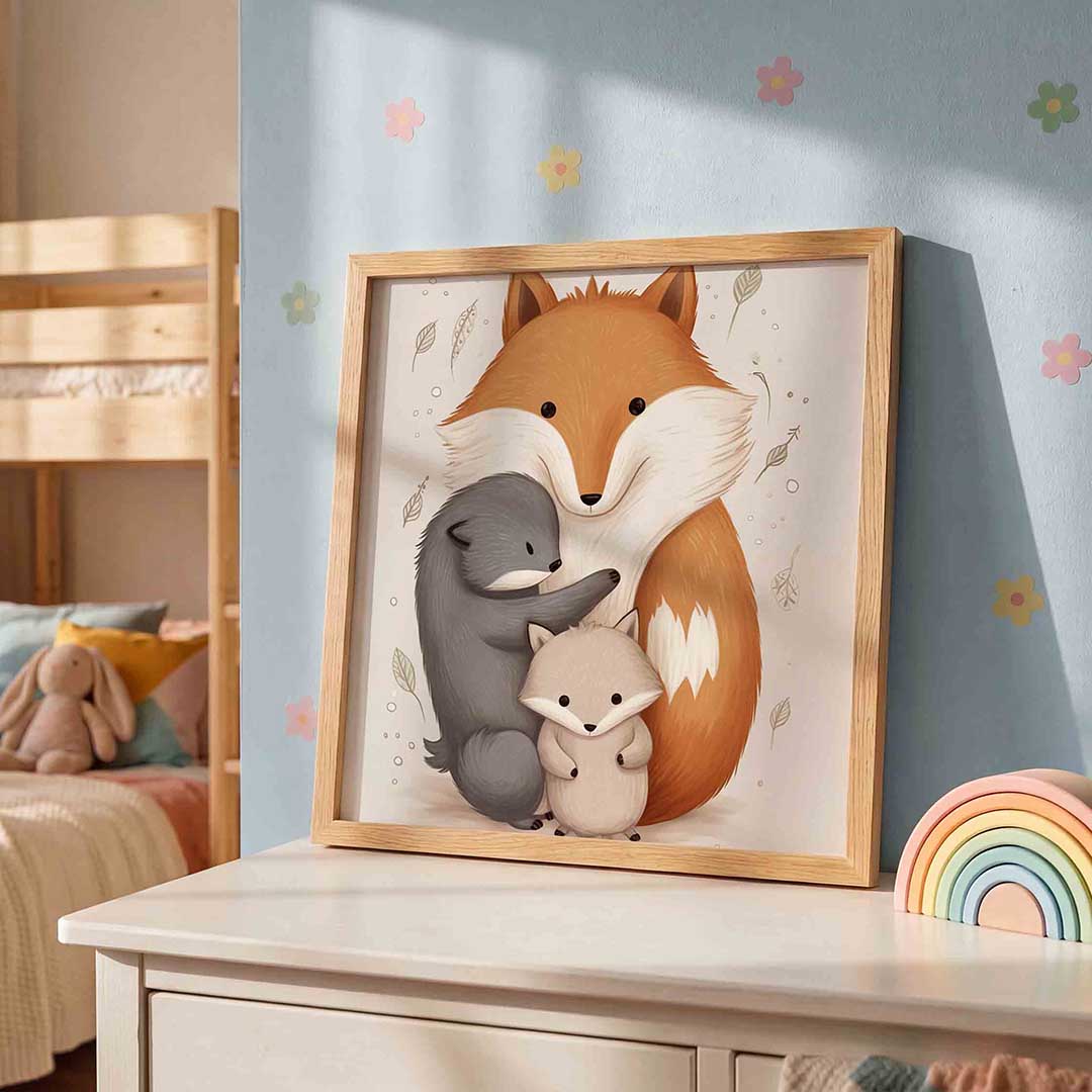 Vossenfamilie – speelse wandkunst als vierkante kinderposter