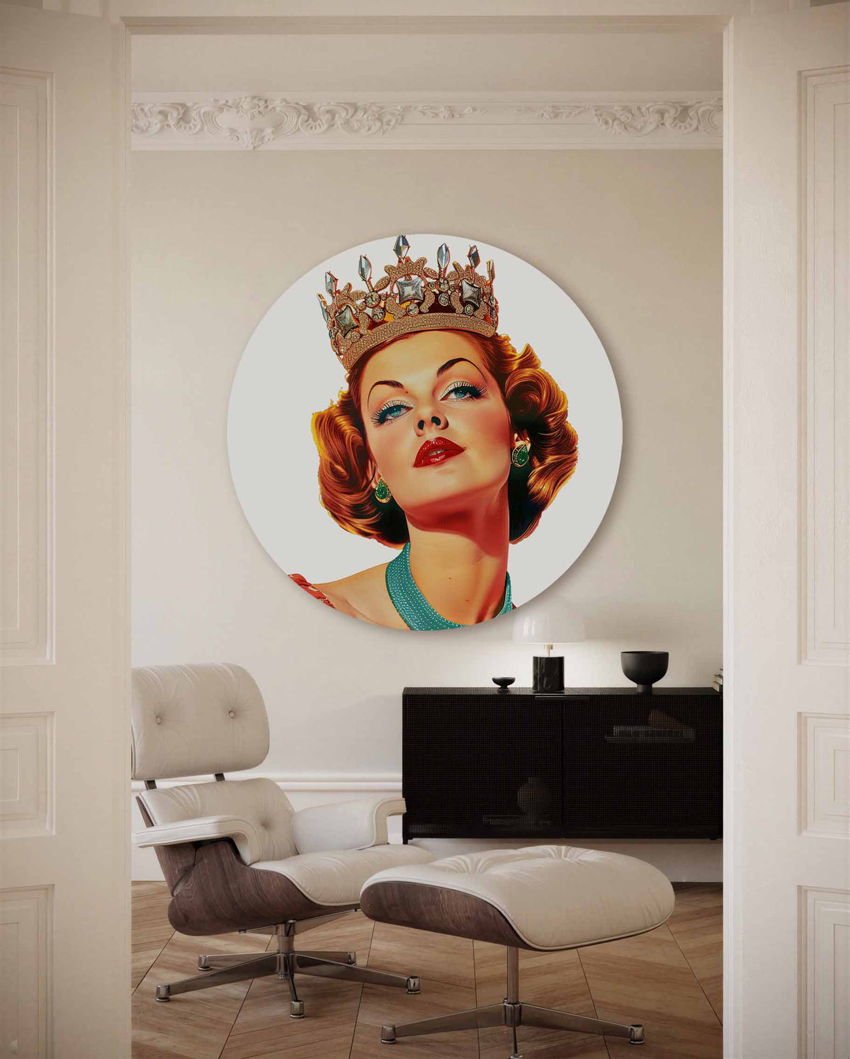 Koningin met kroon – kleurrijke Pop Art muurcirkel voor aan de muur