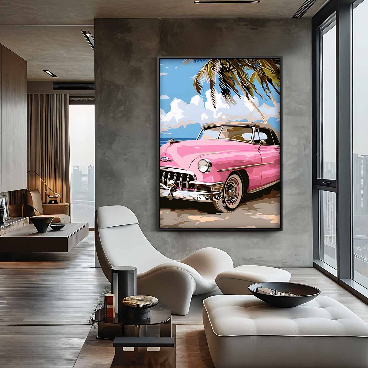 Roze Oldtimer aan het Strand – staande wandkunst voor woonkamer of interieur