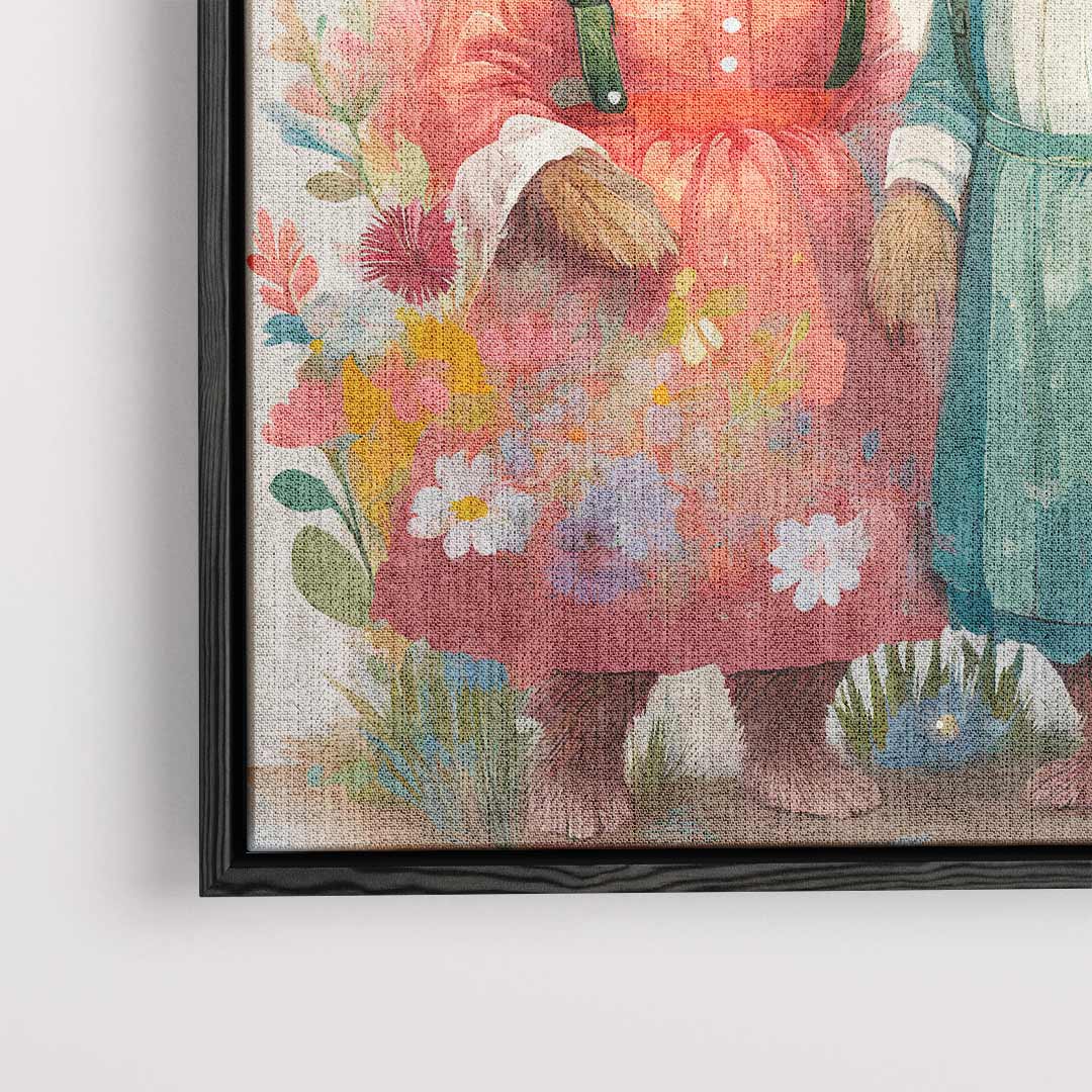 Konijnenvrienden in Bloemenweelde – plexiglas wanddecoratie in portret formaat