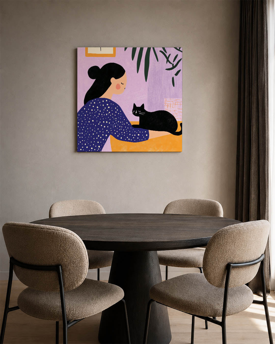 Vrouw met kat kunstwerk – derde productweergave – dit kunstwerk toont een vrouw met een zwarte kat. De achtergrond is paars