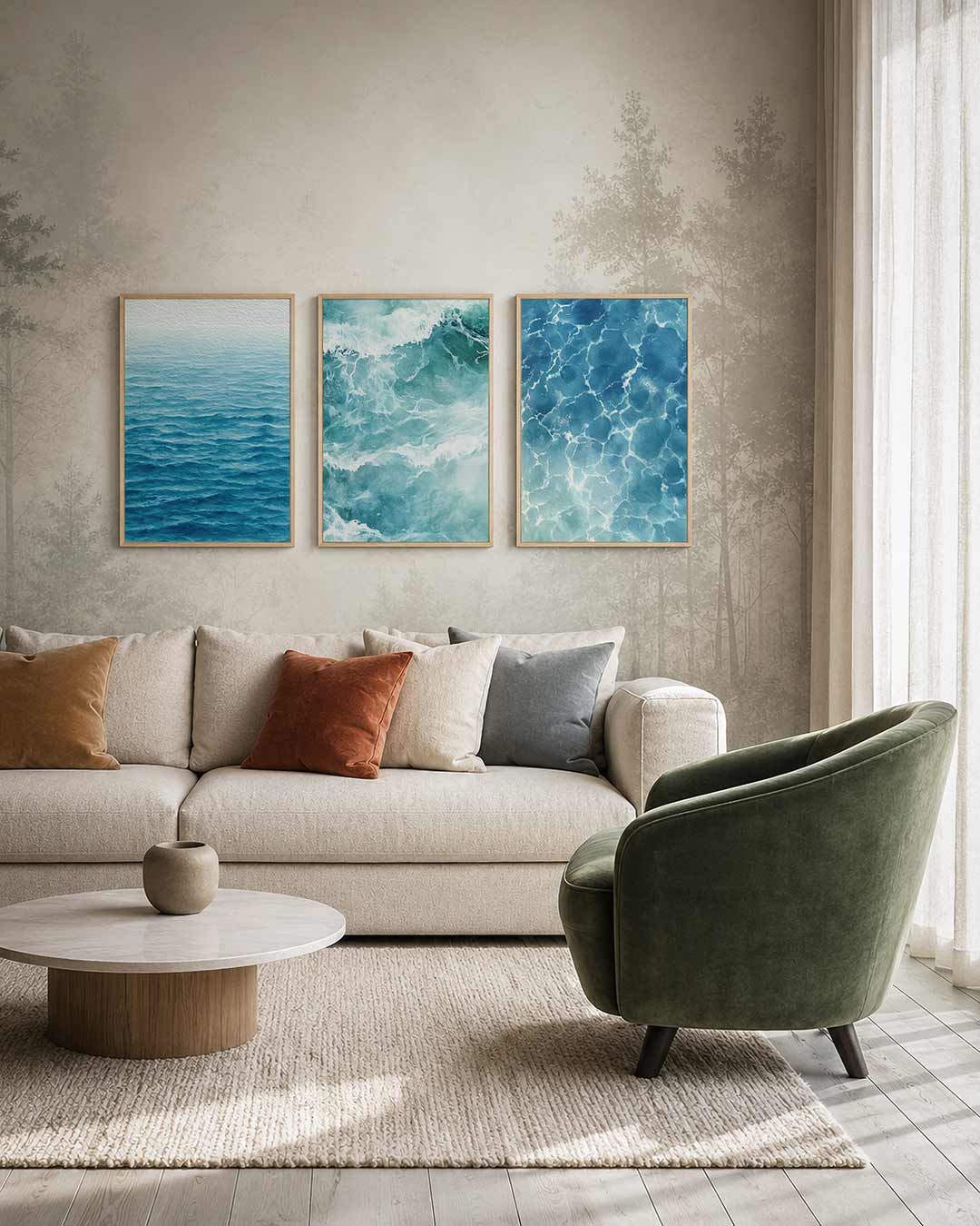 Golvend blauw driedelige posterset – deze afbeelding toont een zee van blauwe tinten die in