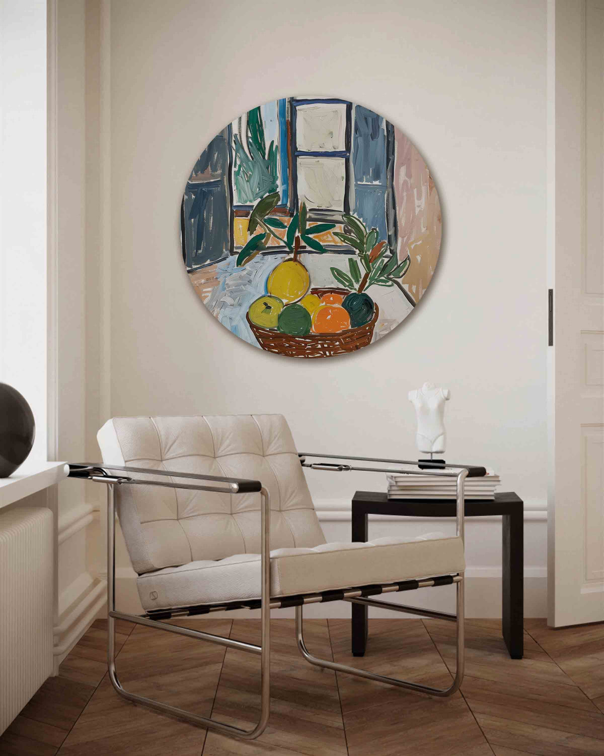 Fruitmand en raam – kleurrijke muurcirkel als ronde wanddecoratie