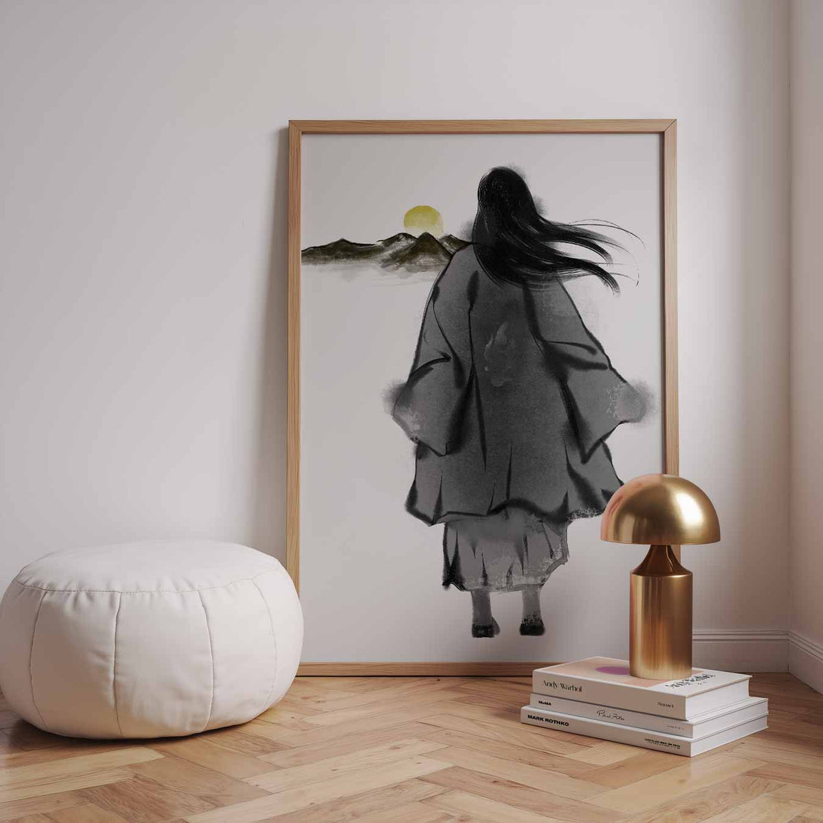 Vrouw met Kimono bij Zonsondergang – zomerse wandkunst als portret poster