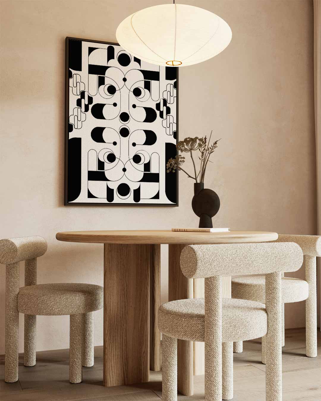 Geometrische Zwart-wit Harmonie – kunstwerk met zwarte baklijst