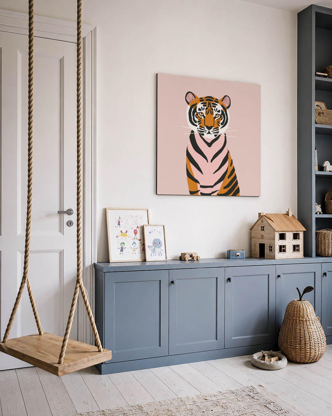 Gestileerde tijger kunstwerk – vierkante wanddecoratie – dit werk toont een tijger met strakke lijnen en contrasterende