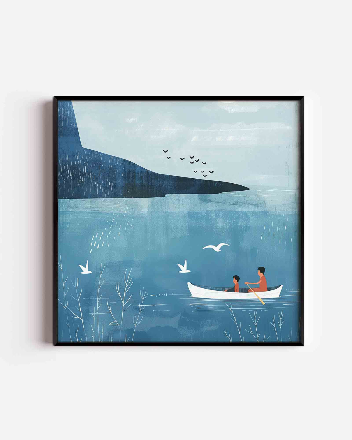 Roeiboot op blauwe zee – vierkante kinderposter als wanddecoratie