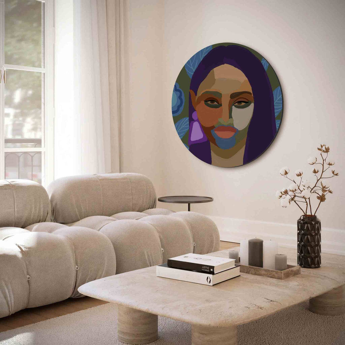 Portret met bladeren – muurcirkel met abstracte texturen voor aan de muur
